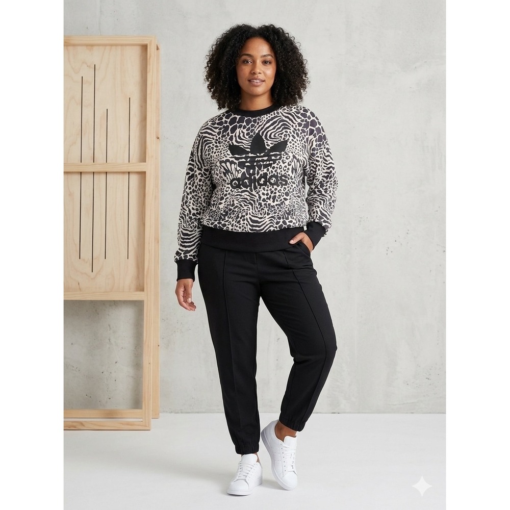 Adidas Originals Women Animal Print Trefoil Sweatshirt Leopard Zebra Black White